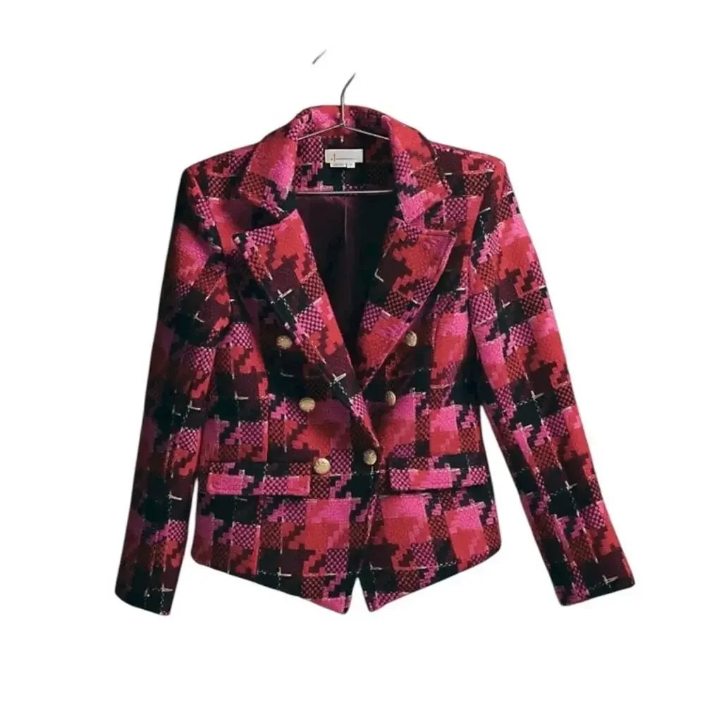 Anthropologie Exploded Plaid Tweed Blazer Medium Red Pink Gold Button Jacket